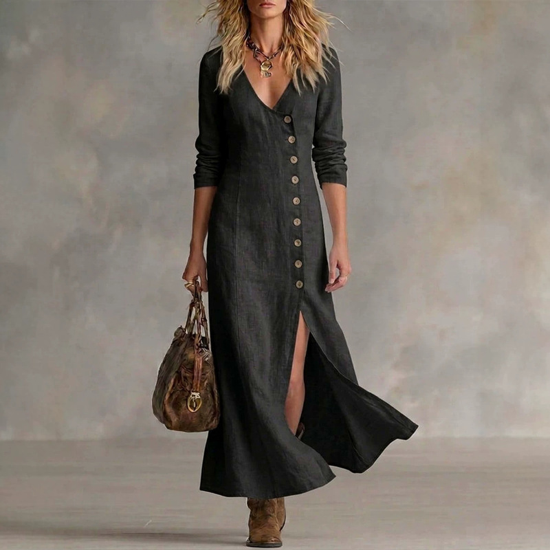 2026 European and American cross-border Amazon spring-summer new fashion casual cotton-linen long-sleeve button-up cardigan women's dress