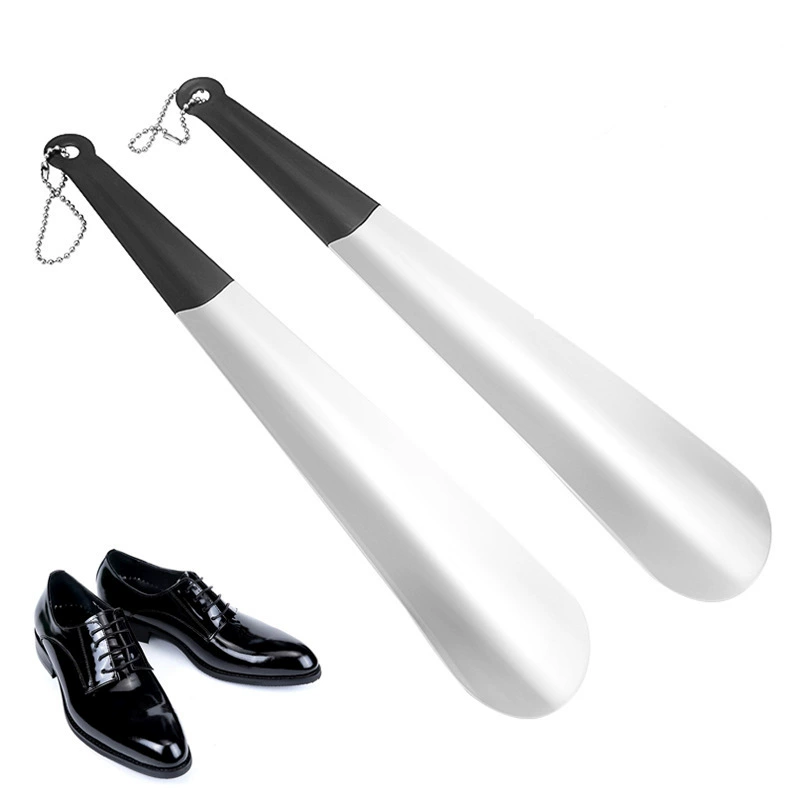 Прямая ложка для обуви из нержавеющей стали, металлическая ложка для обуви, помощник для надевания обуви, длинная модель с мягкой резиновой ручкой, глянцевая длинная ручка, нескользящая ручка.