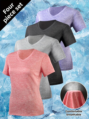 Cross-border Amazon hot sales summer sports short-sleeved women's figure-fitting quick-drying breathable T-shirt V-neck running outdoor Europe and America