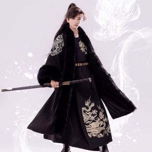 正版原创冬季加绒加厚斗篷裘衣绣花圆领袍汉服汉元素男女同款套装-阿里巴巴