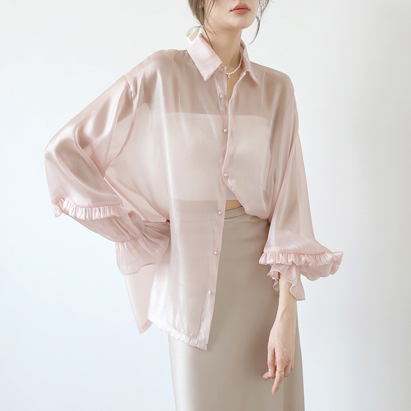 Gentle Super Fairy Pearlescent See-Through Sunscreen Shirt Women's 2025 Summer Fairy Flowing Lazy Puff Sleeve Transparent Top Gentle Super Fairy Pearlescent See-Through Sunscreen Shirt Women's 2025 Summer Fairy Flowing Lazy Puff Sleeve Transparent Top
