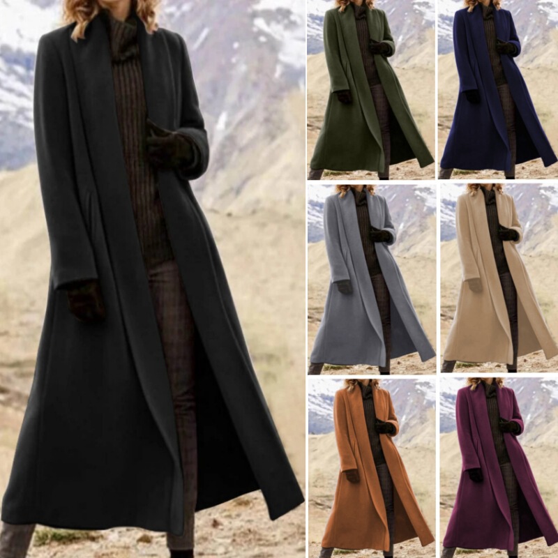 Cross-border women's clothing European and American ultra-long coat extra large coat casual woolen trench coat