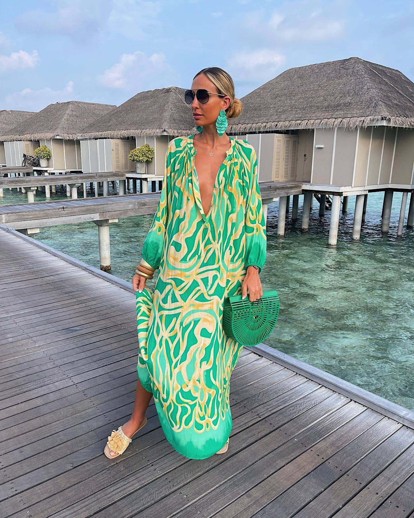 Women's printed pullover long sleeve long skirt V-neck swing loose dress_mkmklike.com