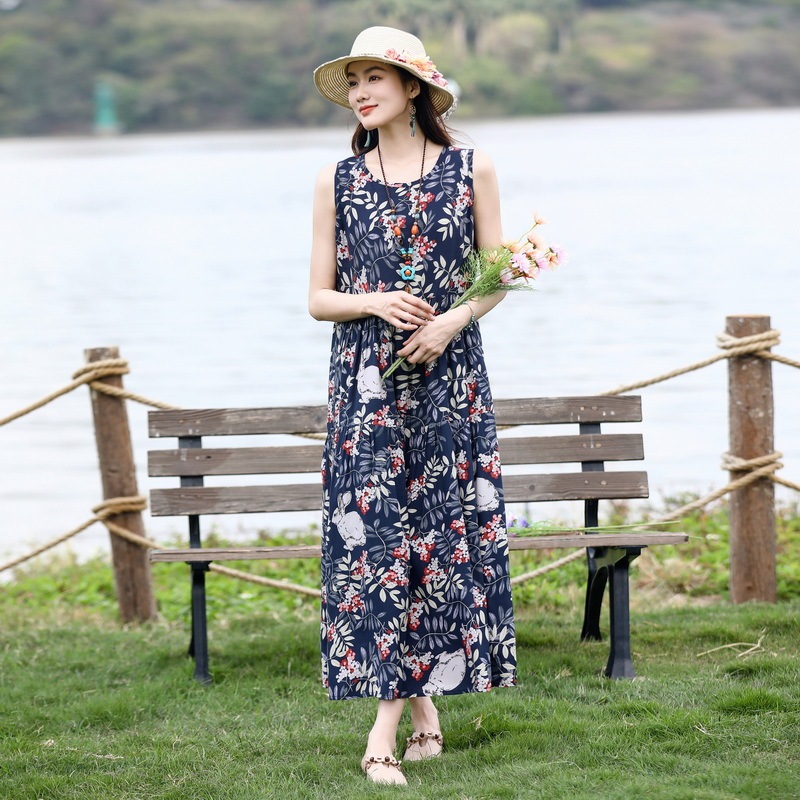 ノースリーブの若い女性の綿シルクドレス夏の海辺の休暇プラスサイズの膝丈ビーチドレス|undefined