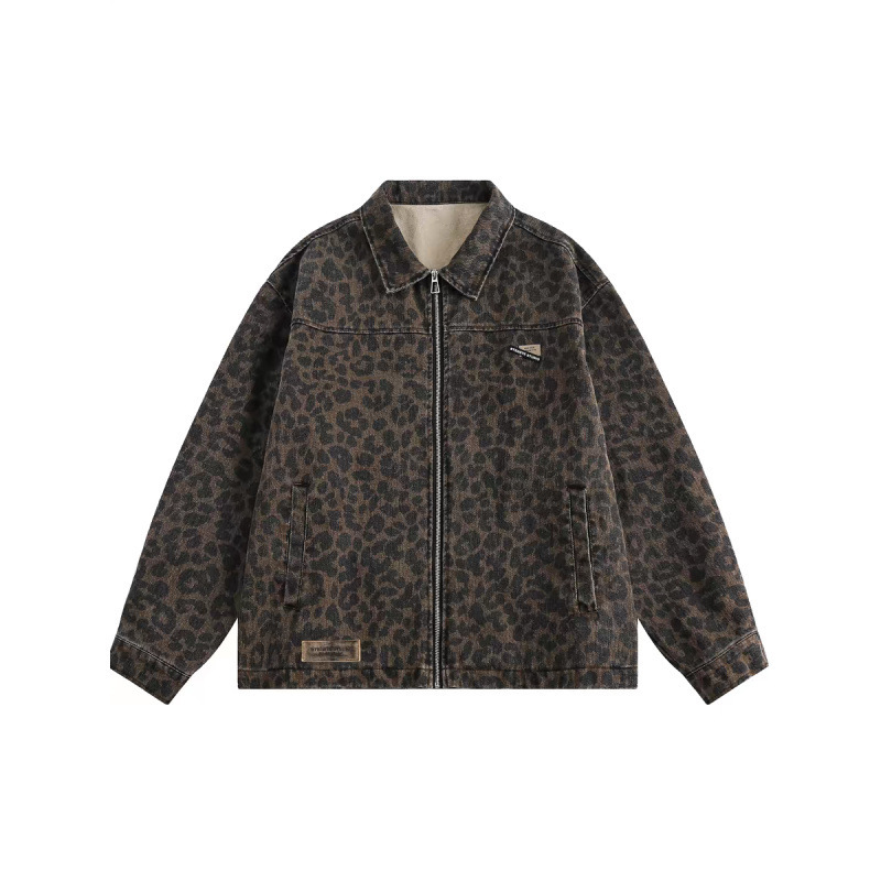 Spring and Autumn New American Leopard Print Lapel Jacket Men's and Women's Retro Loose Trendy Niche High Street Casual Denim Jacket