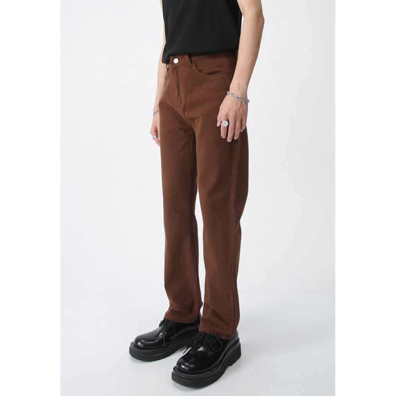 Mtlclothes Men's Clothing | Korean Style Solid Color Mid-High Waist Straight Slim Fit Washed Denim Pants Casual Trendy