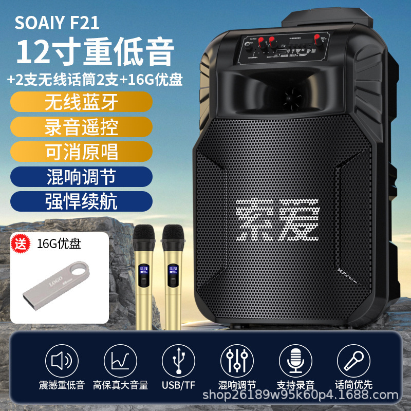 索愛f 21ブルートゥース音響移動レバー12インチ携帯型広場舞スピーカー家庭用無線マイク付きk歌|undefined