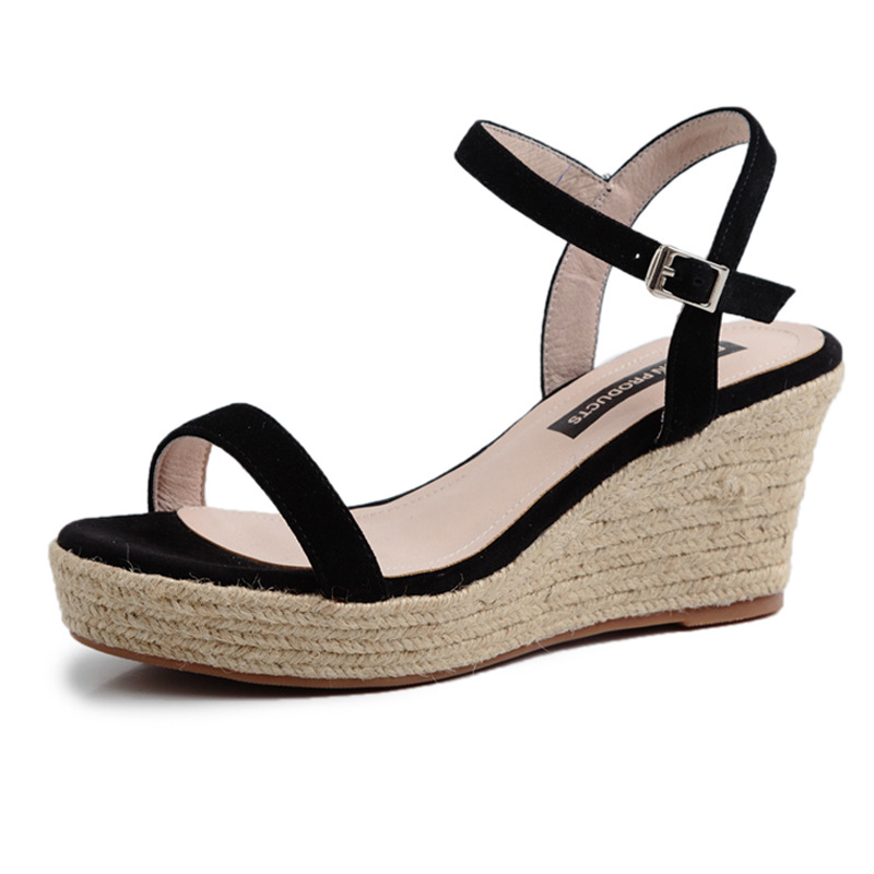 Sandal nữ quai ngang hở mũi gót cao 7 cm đế rơm — Màu đen