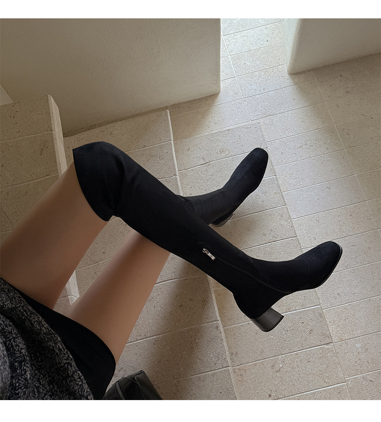 Boot nữ cổ cao ôm chân co giãn da lộn gót cao 9 cm — đen, mơ chi tiết 16