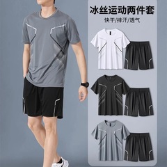 スポーツウェアセット男性ランニング半袖アイス夏速乾服バスケットボール服羽毛フィットネス服ショートパンツ夏