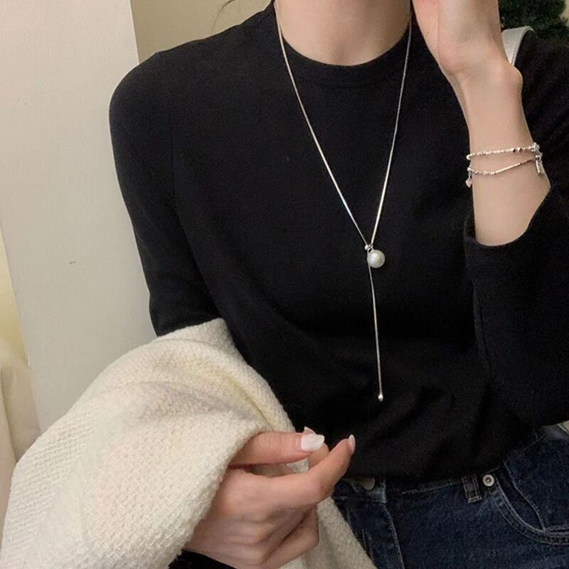 Niche design pull-out imitation pearl long necklace women's cold style fashionable personality simple temperament all-match sweater Niche design pull-out imitation pearl long necklace women's cold style fashionable personality simple temperament all-match sweater