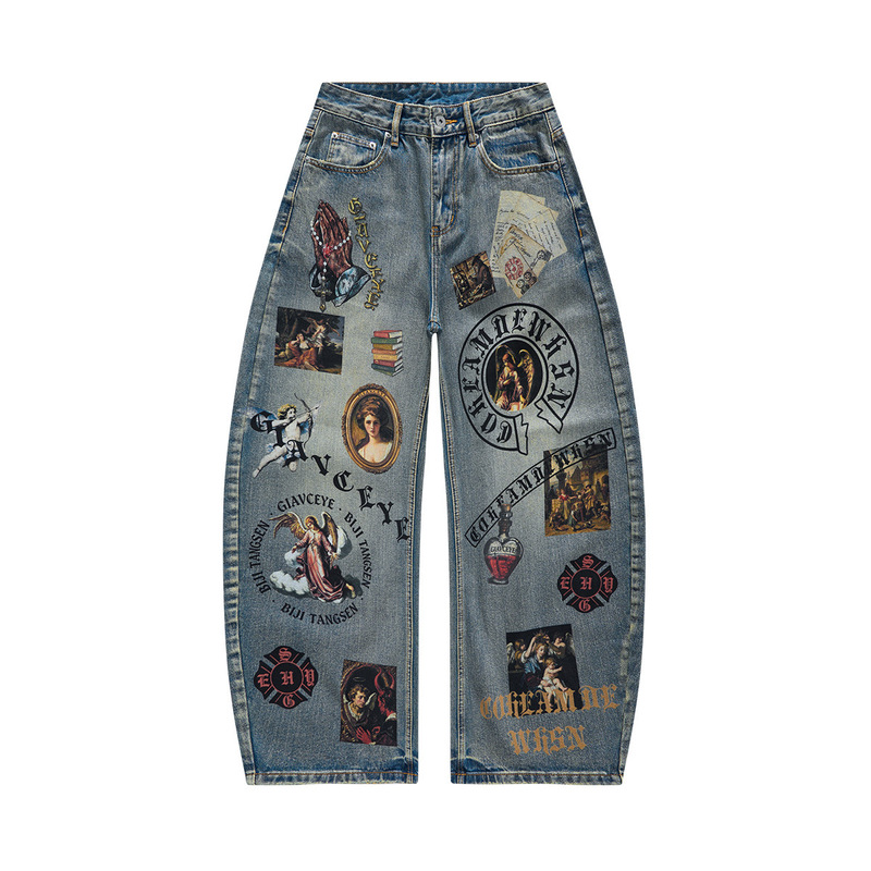American vintage-style angel oil painting print jeans, men's trendy loose-fit, curved-leg, wide-leg street-style long pants American vintage-style angel oil painting print jeans, men's trendy loose-fit, curved-leg, wide-leg street-style long pants