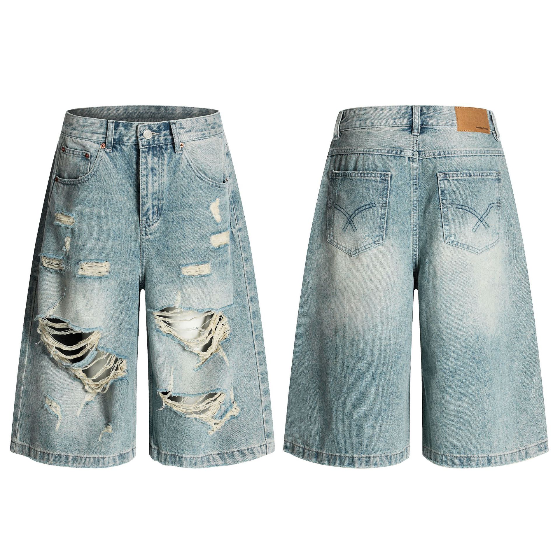 F9056 American High Street Unisex High-End Street Style Multi-Hole Design Loose Men's Cropped Denim Shorts