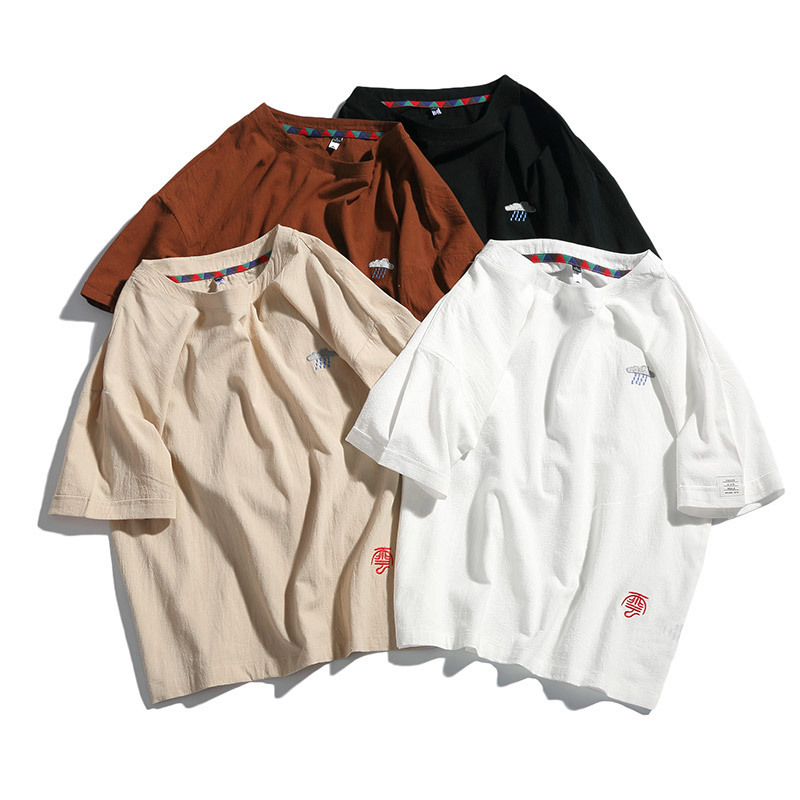 Thin Cotton and Linen T-shirt White Bottom Tile Men's Trendy Casual Retro Large Size Loose Short-sleeved T-shirt