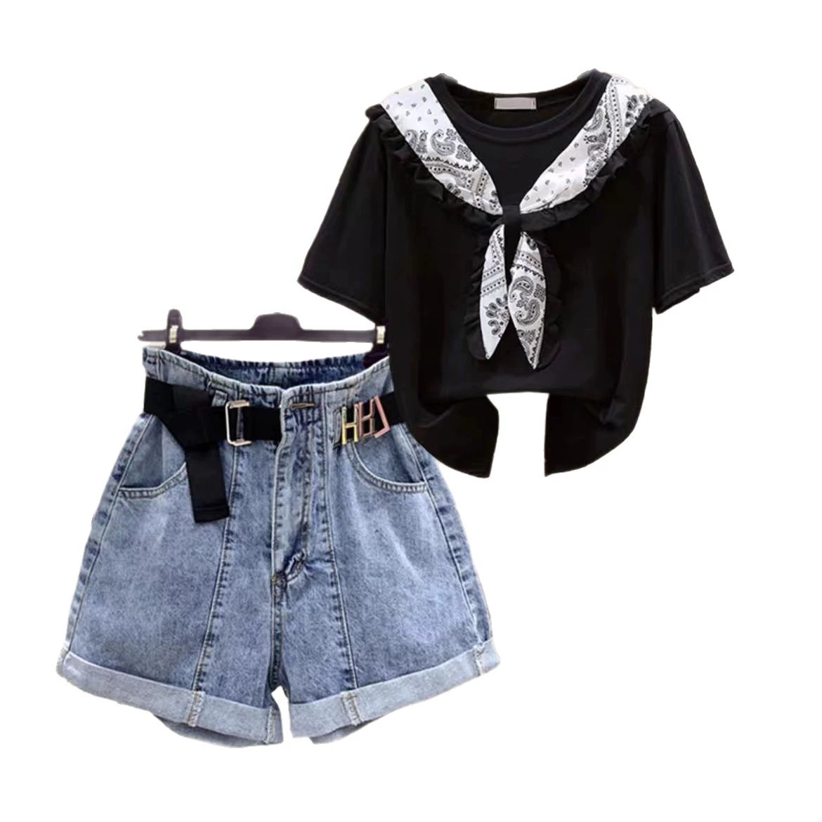 Детский летний комплект, джинсовая юбка, шорты, вестерн-стиль, с коротким рукавом, для подростков