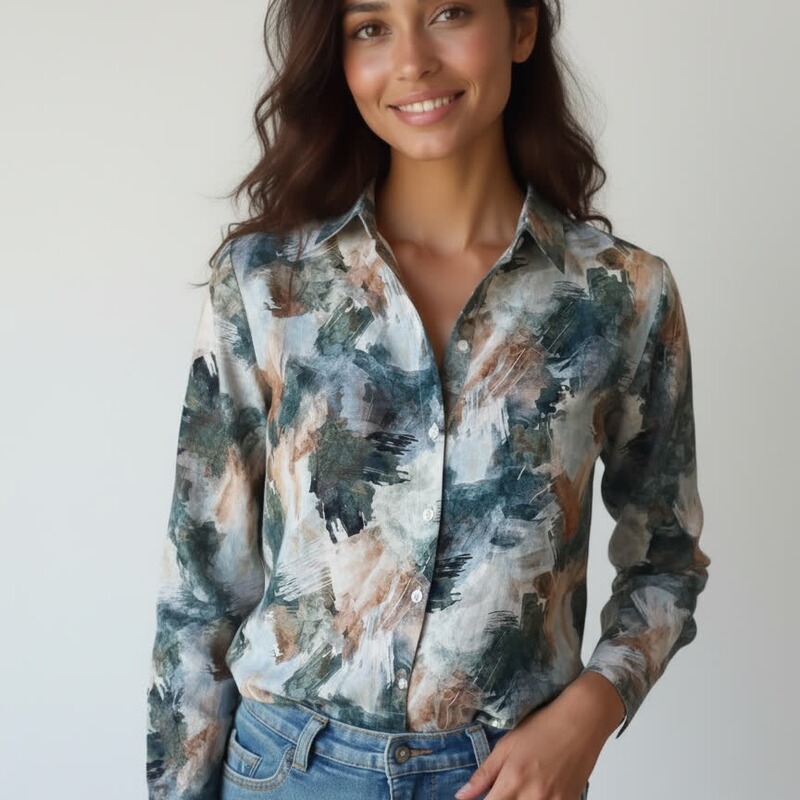 Retro Hong Kong Style Women's Clothing 80S Autumn New Fashion Casual Loose Lapel Ink Painting Print Chiffon Shirt for Women