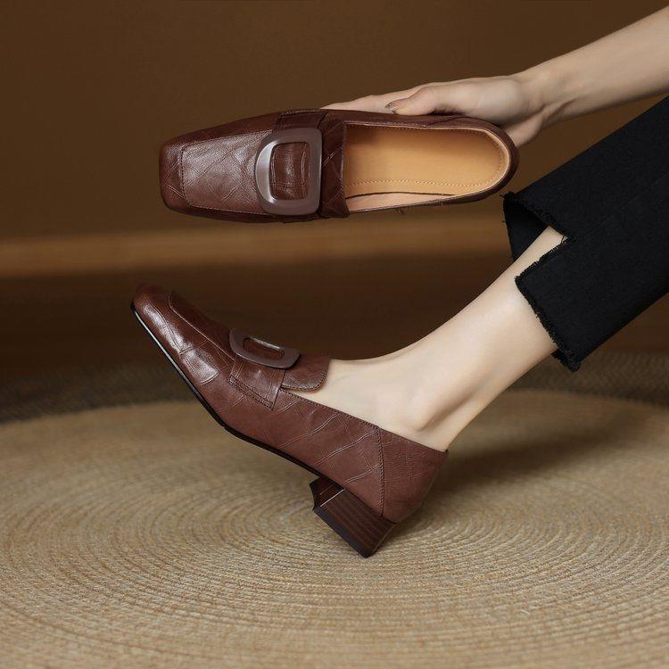 法式气质复古乐福小皮鞋英伦风粗跟低跟一脚蹬深口方扣单鞋女