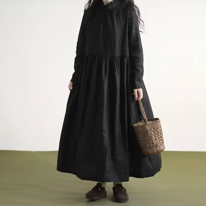 Linen Black Lace Collar Long-Sleeved Dress for Women 2026 New Autum Style Slimming Artistic Style Long Skirt Linen Black Lace Collar Long-Sleeved Dress for Women 2026 New Autum Style Slimming Artistic Style Long Skirt