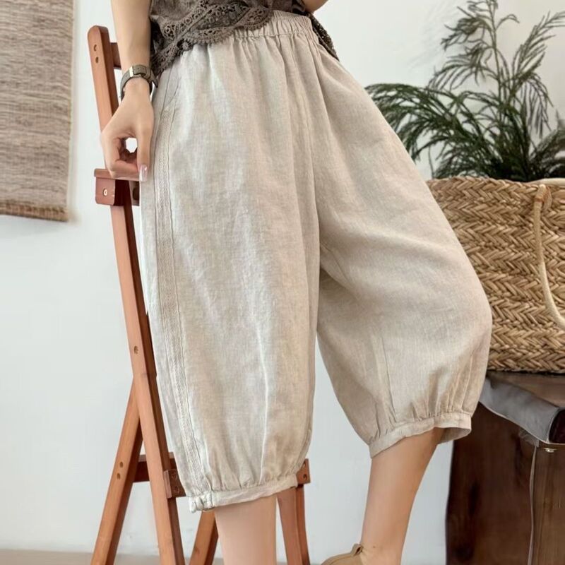 Summer New Cotton and Linen Casual Lantern Pants, Simple and Versatile Solid Color Loose Shorts, Plus-Size Retro Cropped Harem Pants