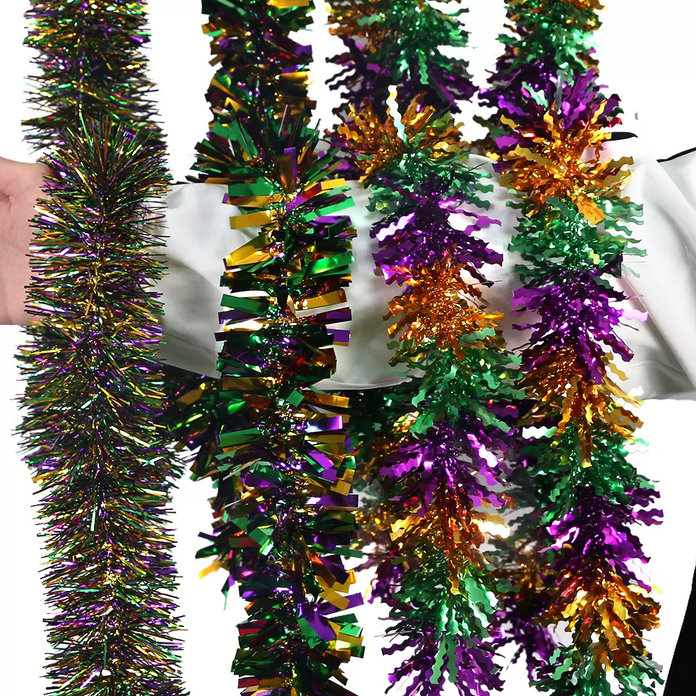 跨境新款2米紫金绿彩条狂欢节派对装饰拉花吊饰粗细茜草毛条挂饰