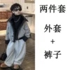 (Two-piece set) 25812 lapel plus velvet gray leather jacket + 25776 light gray velvet pants