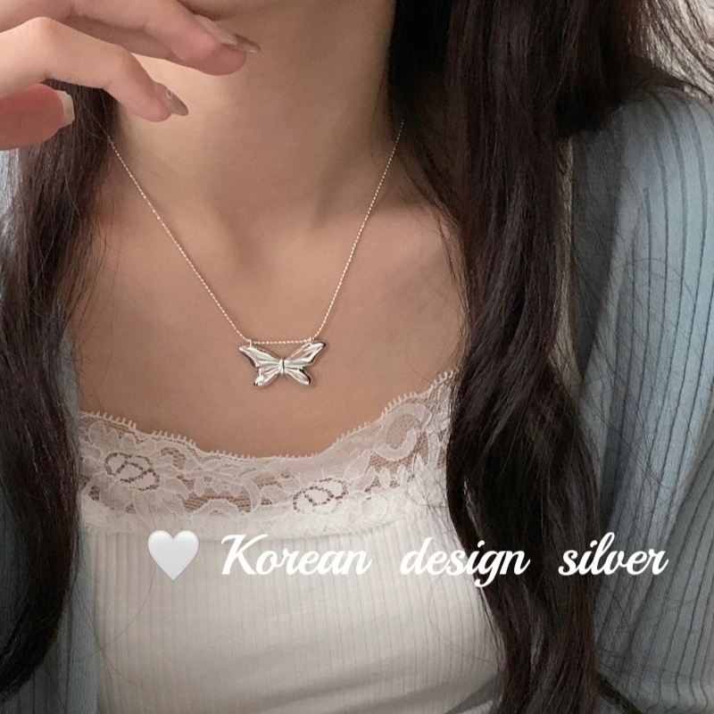 韓國ins風重工飾品 S925純銀疊戴寬版亮面蝴蝶結項鍊女簡約鎖骨鏈