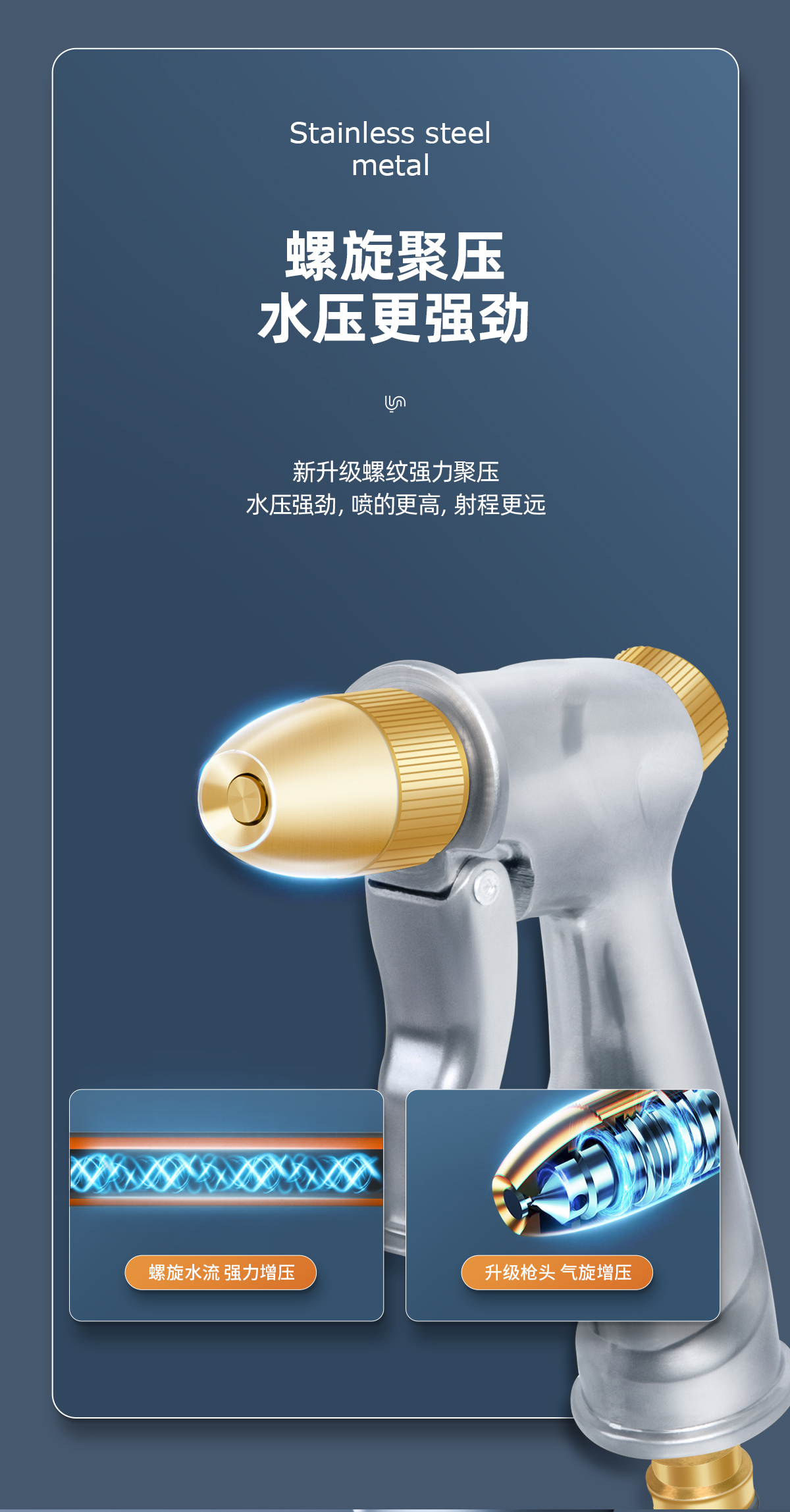 Metal high-pressure watering gun for washing cars and rinsing floors, hose for connecting to tap water, storage rack for home use