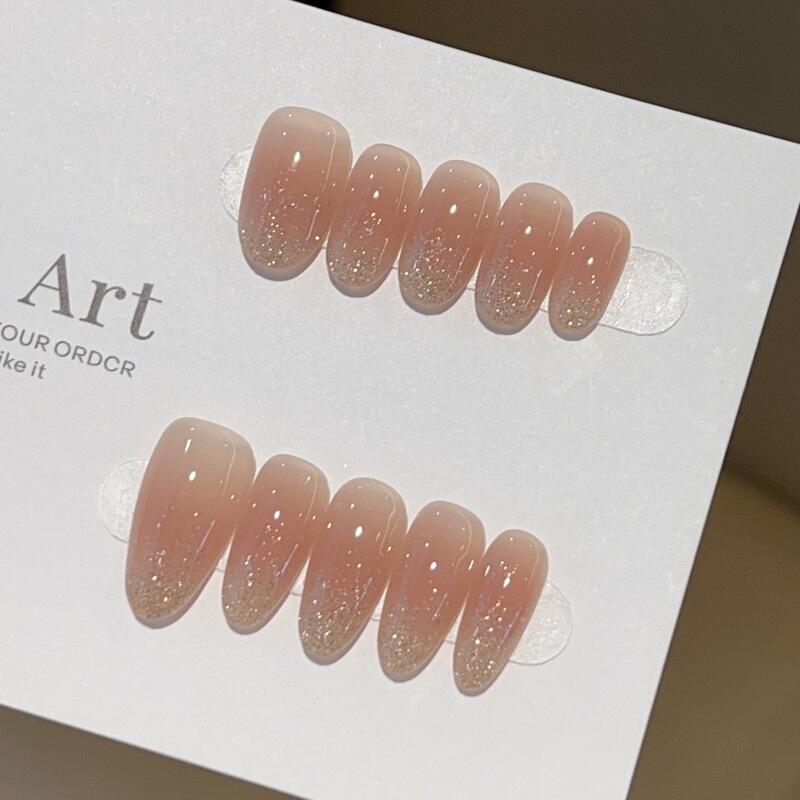[Slightly Drunk Gold] Nude Color Explosive Diamond Gradient Handmade Wearable Nail J399 Model with Box Tool Kit