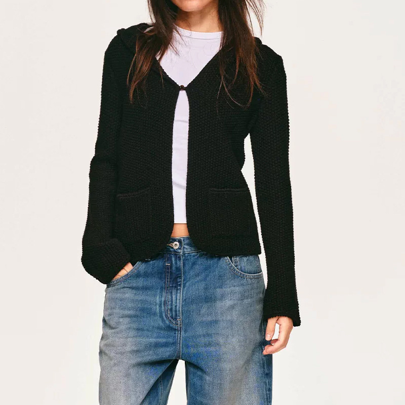 In Stock 2026 Early Autumn Retro Hooded Knit Cardigan, Single-Button Textured Loose Sweater with Pockets In Stock 2026 Early Autumn Retro Hooded Knit Cardigan, Single-Button Textured Loose Sweater with Pockets