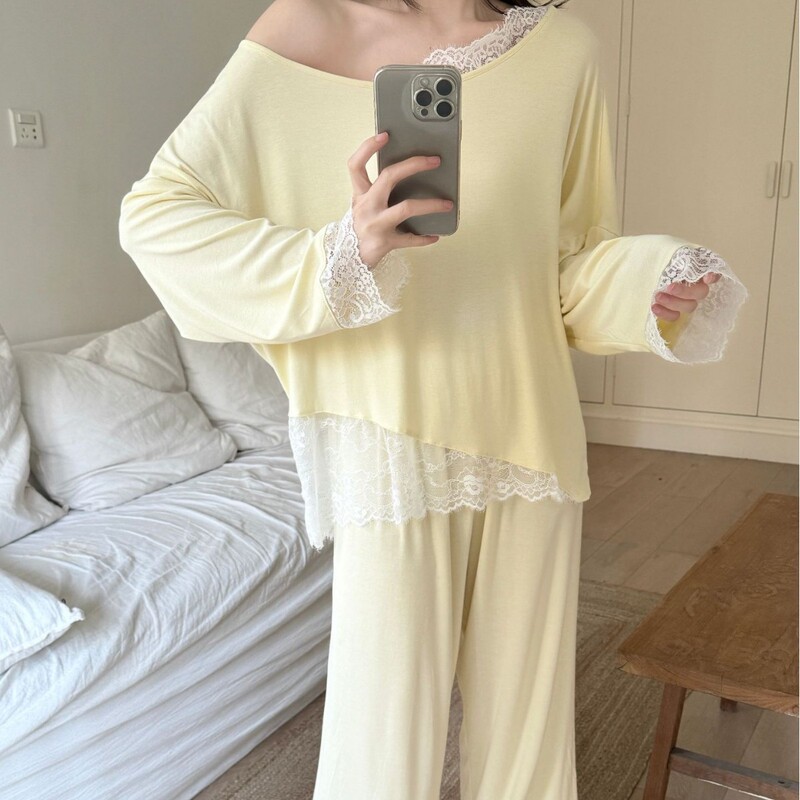 Factory Wholesale Yellow Off-Shoulder Pure Desire Style Lace Patchwork Korean-Style Pajamas Modal Loose Plus Size Summer