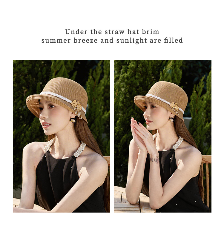Mũ rơm chống nắng nữ phong cách Chanel, nơ satin ren, trang trí hoa sơn trà, vành rộng che nắng — màu be chi tiết 7