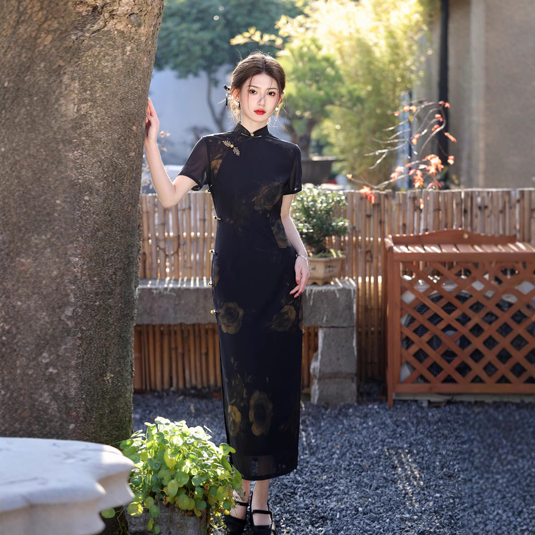 Black long lightweight retro summer cheongsam