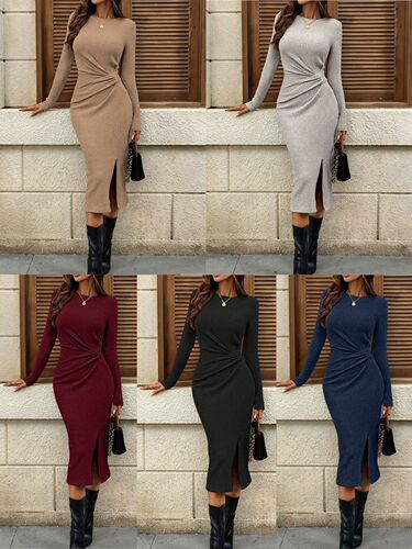 Women's Autumn/Winter New Round Neck Long Sleeve Buttoned Slit Solid Color Elegant Dress Slim Fit