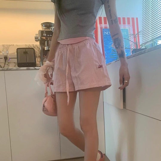 Original striped fabric vertical striped drawstring letter embroidery wide leg shorts women's summer loose slim casual pants wholesale