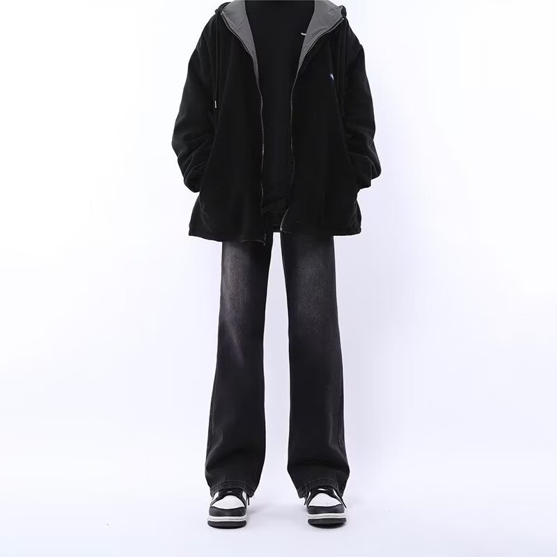 Casual 2024 primavera y otoño nuevo estilo americano calle alta suelta recta pantalones largos negros marca de moda jeans para hombres