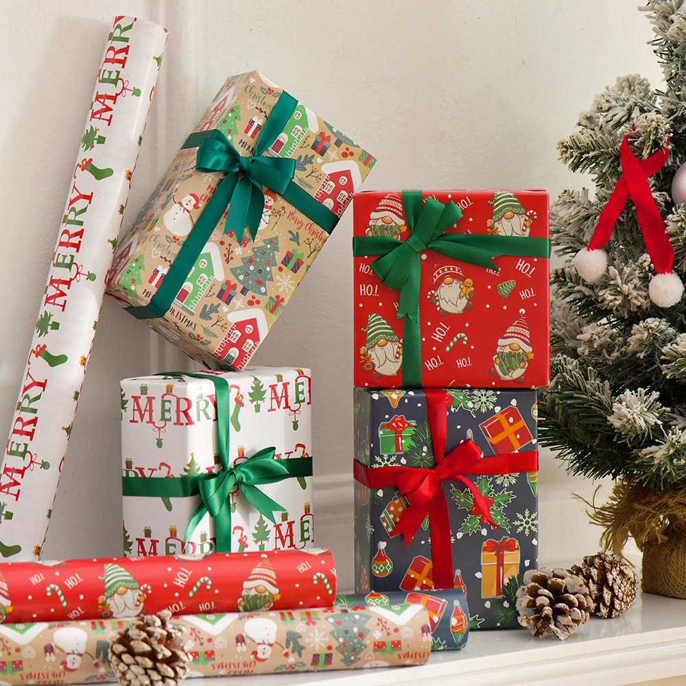 Nuevo papel recubierto brillante papel de regalo de navidad papel de regalo muñeco de nieve de dibujos animados árbol de navidad papel de regalo