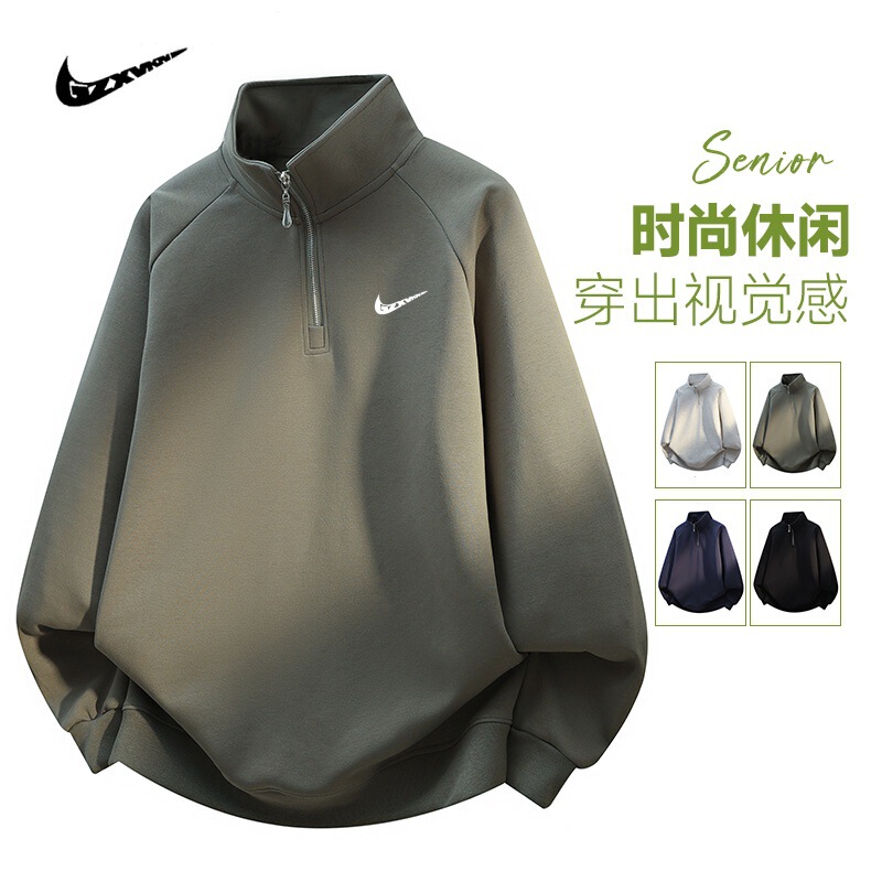 Cross-Border Foreign Trade 330g Cotton Sweatshirt for Men, American Style Half-Zip High Collar Trendy Brand Long-Sleeve Casual Sports Base Layer Shirt