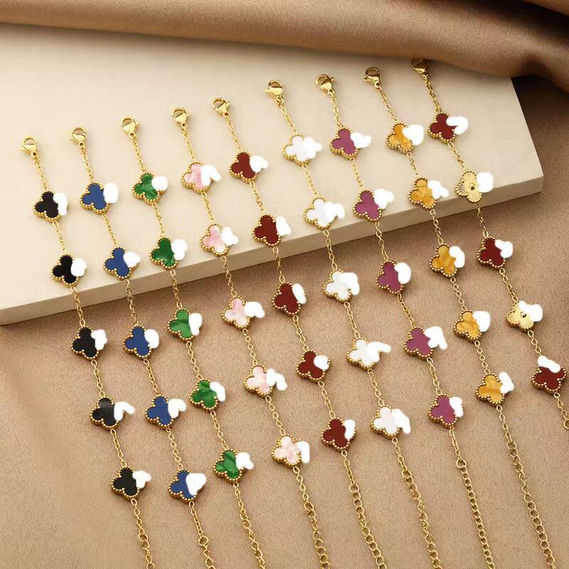 Cross-Border Hot-Selling Titanium Steel Four-Leaf Clover Five-Flower Bracelet for Women, Double-Sided Mother-Of-Pearl 18K Non-Fading Bracelet Wholesale