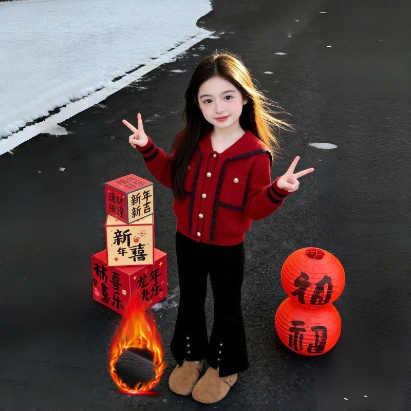 汐玥童装&M11011-2学院风针织开衫喇叭裤套装