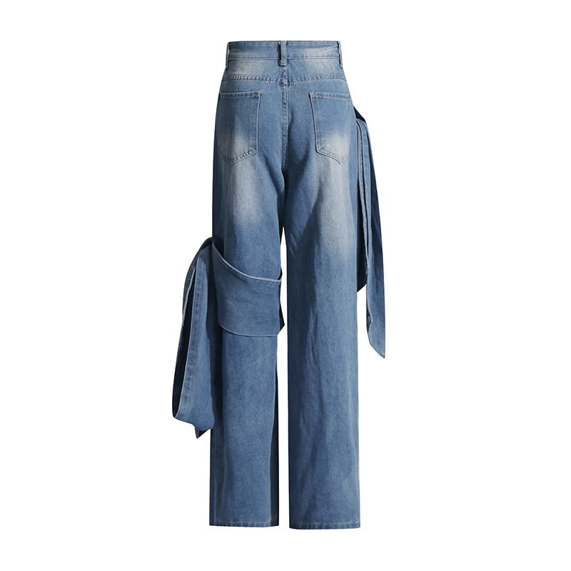 Women's Clothing style autumn street trend fashion splicing design bow loose straight jeans_mkmklike.com