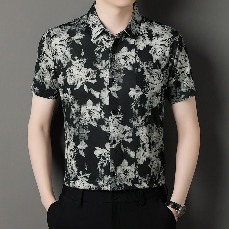 2025 New Summer Men's Short-Sleeved Shirt Fashionable Rose Print Handsome Trendy Ice Silk Thin Shirt Men's Style