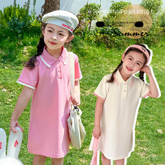 米純童裝女童連衣裙2024夏季新款洋氣韓版女孩PoloT恤長裙兒童潮