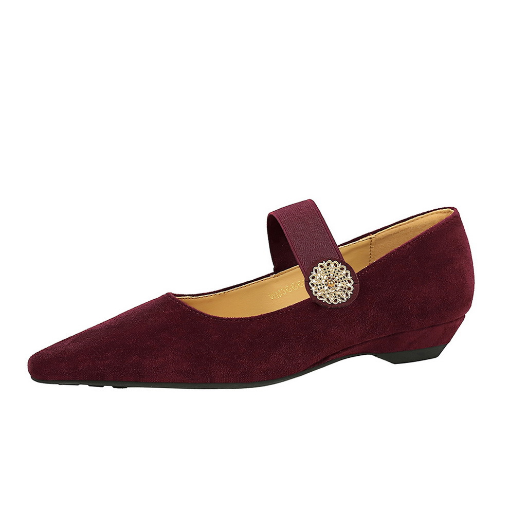 3683-2K92 Korean Style Low Heel Wedge Versatile Suede Shallow Mouth Metal Decoration Elastic Single Strap Women's Shoes_vogvips.com