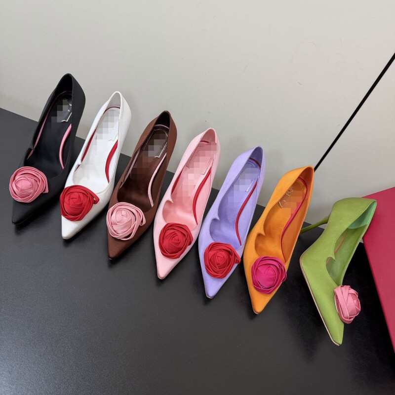 High-End Rv Silk Rose Flower Pointed-Toe High Heels 26 Early Spring Shallow Mouth Stiletto Heels Women's High Heels