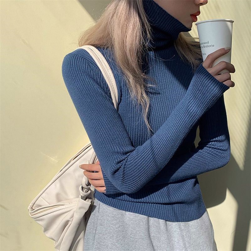 Gestapelde hoge kraag met een strak zittende trui voor dames herfst en winter 2023 Nieuwe westerse top met lange mouwen_voghion.com