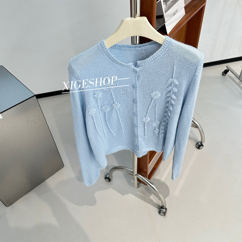 Heavy Crochet Milky White Knitted Cardigan for Women, Thin Early Autumn Short Style, Gentle and Elegant French Sweater Jacket Top