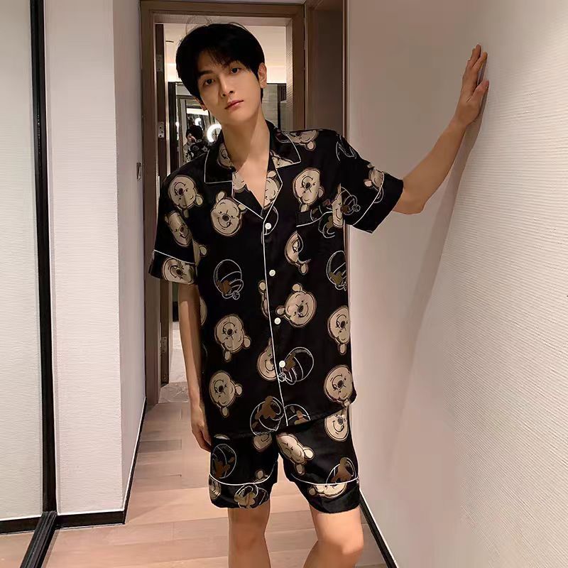 Fabricante pijama hombre de verano manga corta hielo dibujos animados sueltos engordar tamaño grande ropa casera de seda para hombres