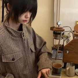 法式千金小香风中性外套女秋冬千鸟格哈灵顿短宽夹克设计感上衣