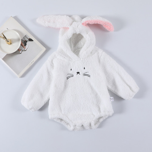 Baby and Toddler Autumn/Winter Fleece Thick One-Piece Huggy Suit Plush Triangle Outing Crawling Suit Rabbit One-Piece Suit with Hood - In Stock