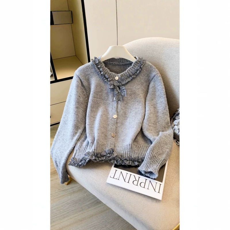 Korean Style Outfit with Ruffled Plaid Bow Sweater Cardigan for Women, Autumn and Winter, Age-Reducing, Chic Long-Sleeve Knit Top